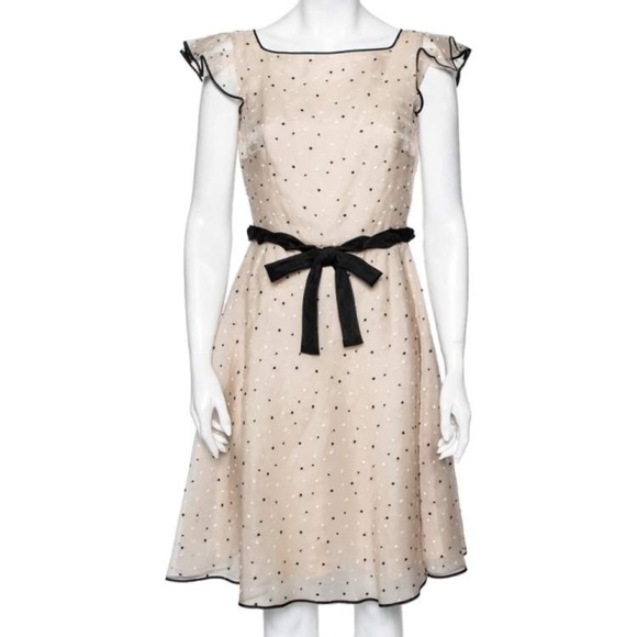 Valentino Beige Silk Polka Dots Embroidered Ruffle Sleeve Bow Waist Flare Dress - Picture 3 of 12